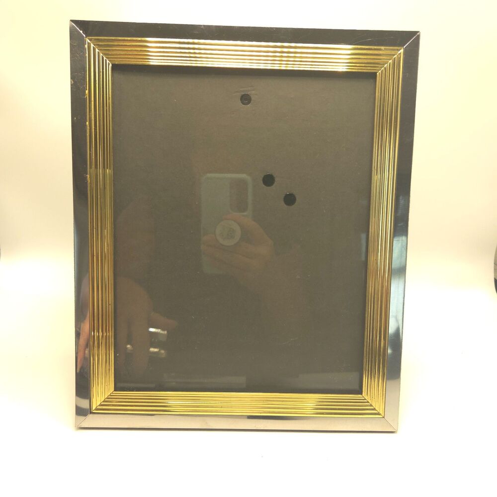 8x10 Silver & Gold Tone Ribbed Metal Photo Frame Tabletop Wall Display